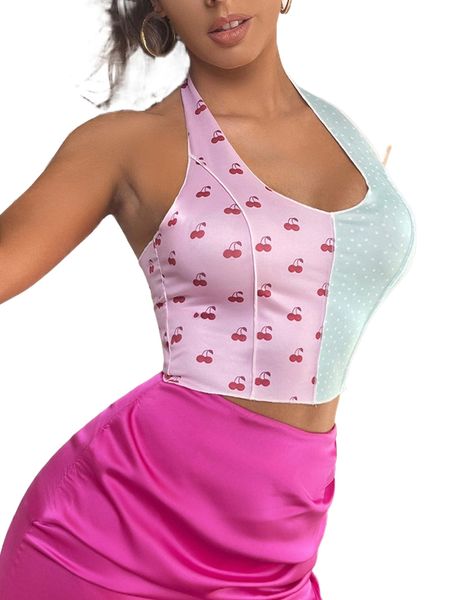 cherry & polka dot print two tone stitching backless halter c3x1#, White
cherry & polka dot print two tone stitching backless halter c3x1#, White