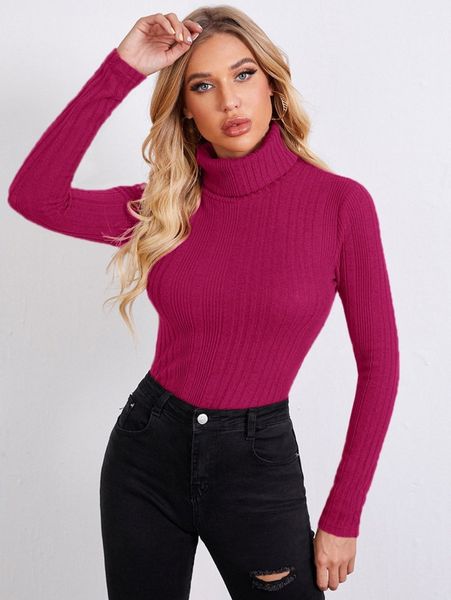 rolled neck rib-knit tee u803#, White