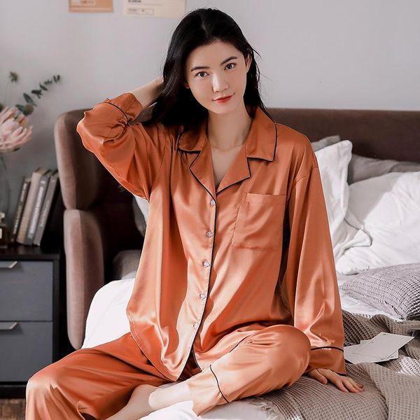 autumn satin silk women sleepwear suit long sleeve turn-down collar pajamas casual loose soft female homewear, Black;red
autumn satin silk women sleepwear suit long sleeve turn-down collar pajamas casual loose soft female homewear, Black;red