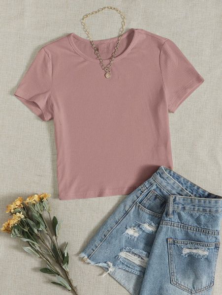 rib-knit solid tee l8ww#, White 
rib-knit solid tee l8ww#, White