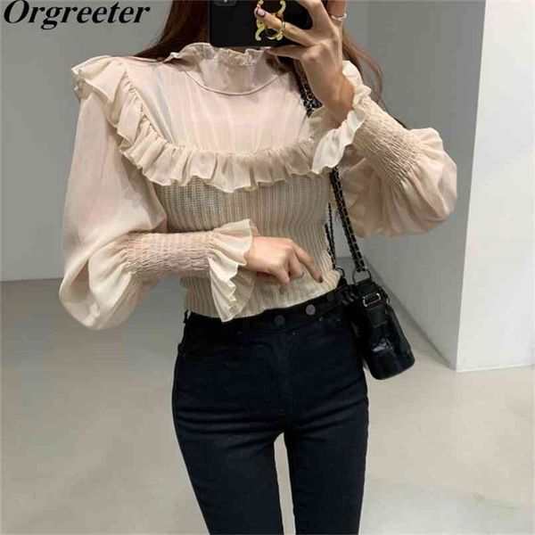 chic elegant stand collar ruffles chiffon stitching knitted shirt&blouse lantern sleeve elastic bow lace-up two ways to wear 210602, White
chic elegant stand collar ruffles chiffon stitching knitted shirt&blouse lantern sleeve elastic bow lace-up two ways to wear 210602, White