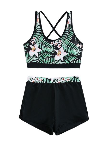 random tropical print crisscross back bikini swimsuit r9lh#, White;black
random tropical print crisscross back bikini swimsuit r9lh#, White;black