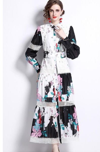 spring runway long maxi dress women's stand collar lantern sleeve single breasted lace stitching sashes party vestidos 2022, Black;gray
spring runway long maxi dress women's stand collar lantern sleeve single breasted lace stitching sashes party vestidos 2022, Black;gray