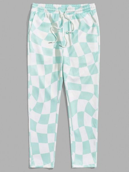 men geo print drawstring waist tapered pants g8rs#, Black
