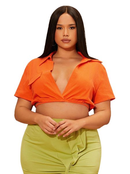 sxy plus deep v neck flap tie back crop blouse q42z#, Black