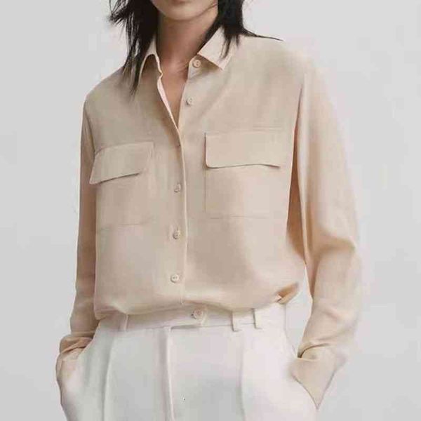 women's polos spring and summer commuting simple double pocket design crepe de chine silk long sleeve blouse, White
women's polos spring and summer commuting simple double pocket design crepe de chine silk long sleeve blouse, White