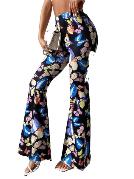 butterfly print flare leg pants x8tu#, Black;white