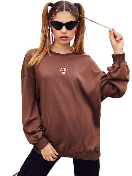 mushroom embroidered drop shoulder pullover z19w#, Black 
mushroom embroidered drop shoulder pullover z19w#, Black
