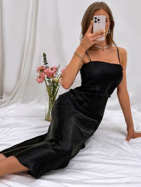 split thigh solid cami dress l9fx#, Black;gray 
split thigh solid cami dress l9fx#, Black;gray