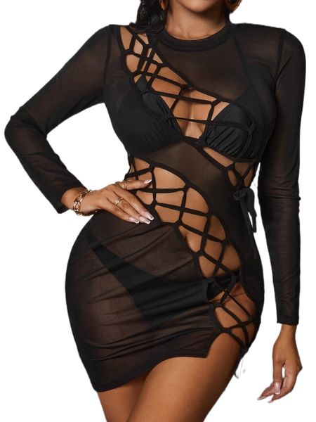 lace up front cut out mesh cover up dress without bikini o7p8#, White;black