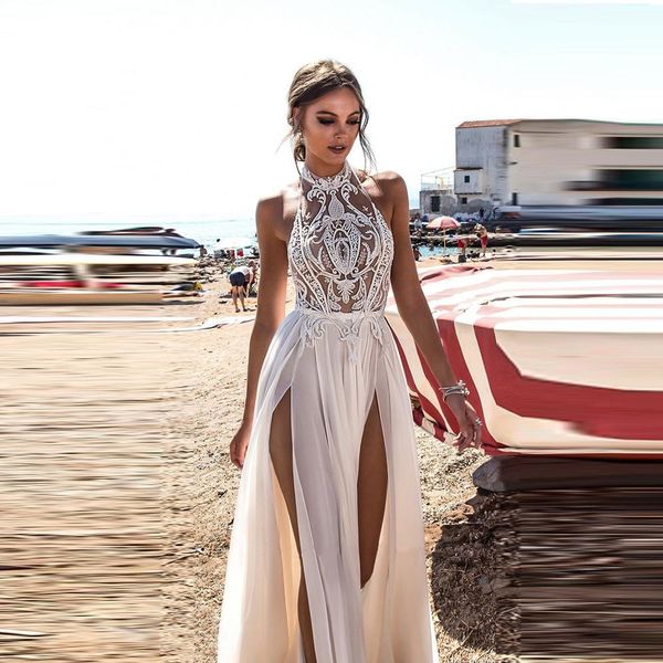 Sexy White Evening Dresses Lace Sleeveless Halter Custom Made Applique Ankle-length Front Split Prom Dress Robe de mariée