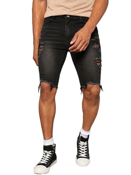 men ripped raw hem denim shorts o95w#, White;black