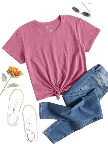 solid round neck tee o5om#, White