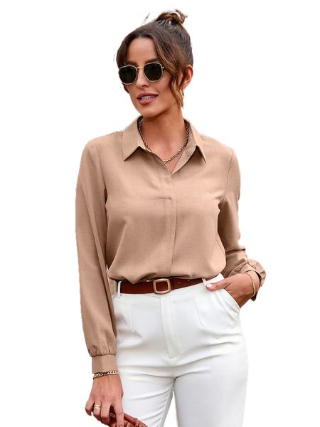 solid curved hem blouse w5sd#, White
solid curved hem blouse w5sd#, White