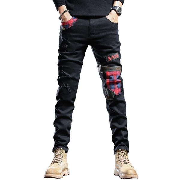 men's jeans fashion men black ripped patchwork pants straight leg patches jean streetwear casual slim fit denim trousers, Blue
men's jeans fashion men black ripped patchwork pants straight leg patches jean streetwear casual slim fit denim trousers, Blue