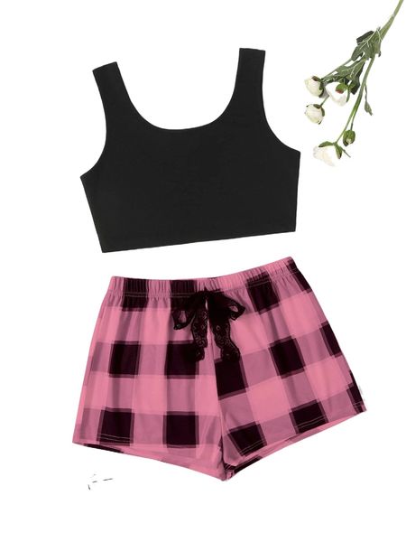 buffalo plaid print knot front pj set x7kl#, Black;red 
buffalo plaid print knot front pj set x7kl#, Black;red