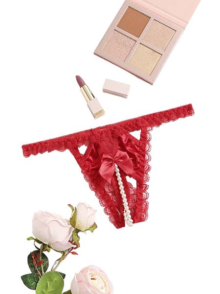 bow contrast lace crotchless thong t4bk#, Black;red