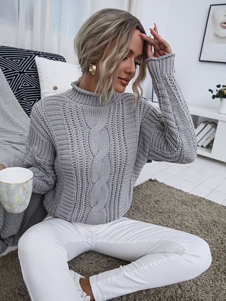 cable knit mock neck drop shoulder sweater u89o#, White;black