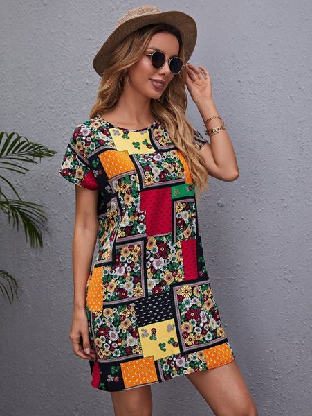 patchwork print tunic dress b3d9#, Black;gray 
patchwork print tunic dress b3d9#, Black;gray