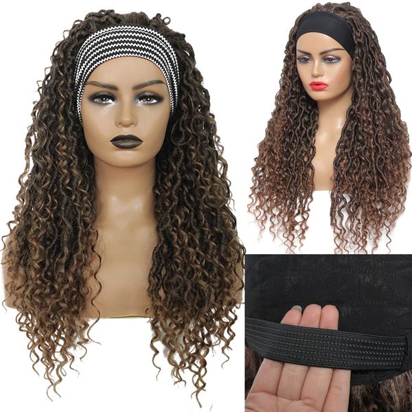 ombre brown headband synthetic braided wigs for black women 24 inch natural glueless hair wig faux locs crochet curly hairfactory direct