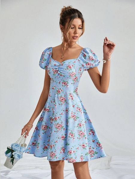 floral print puff sleeve dress v9j4#, Black;gray
floral print puff sleeve dress v9j4#, Black;gray