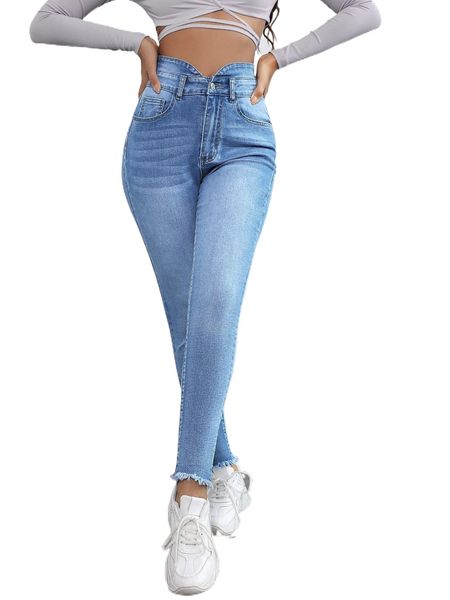 high waist raw hem skinny jeans e07o#, Blue