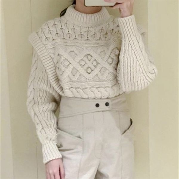 solid color women's knitted sweater oneck twist weave fake two wool autumn and winter new cuteknitwear pullovers t200607, White;black