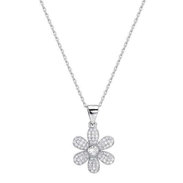 ladies sterling silver necklace large flower encrusted with diamonds pendant simple accessories gift must-have 
ladies sterling silver necklace large flower encrusted with diamonds pendant simple accessories gift must-have