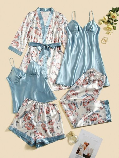 5pcs floral print belted satin robe & cami & night dress & pants shorts g5t6#, Black;red
5pcs floral print belted satin robe & cami & night dress & pants shorts g5t6#, Black;red