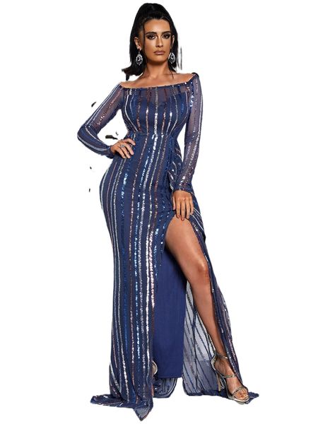 missord striped sequin off shoulder split thigh formal dress q15w#, Black;gray