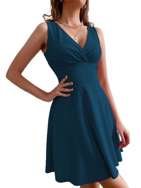 solid surplice neck zip back flare hem dress d51h#, Black;gray 
solid surplice neck zip back flare hem dress d51h#, Black;gray