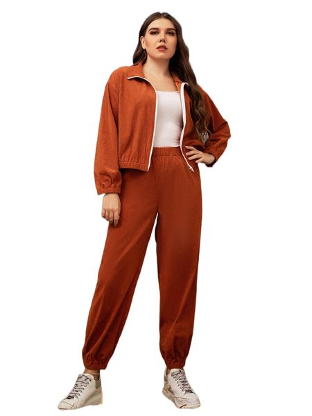 plus drop shoulder corduroy jacket & joggers l10b#, Black