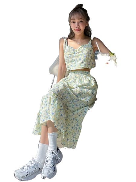 dazy ditsy floral print ruched ruffle trim cami & skirt 32ph#, White 
dazy ditsy floral print ruched ruffle trim cami & skirt 32ph#, White