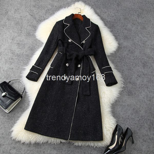 women's wool & blends winter women's diamond inlaid double breasted lace up waist wool coat thickened long t11528, Black
women's wool & blends winter women's diamond inlaid double breasted lace up waist wool coat thickened long t11528, Black