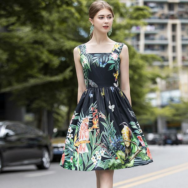 women's runway dress spaghetto straps floral printed elegant designer summer holiday dresses vestidos, Black
women's runway dress spaghetto straps floral printed elegant designer summer holiday dresses vestidos, Black
