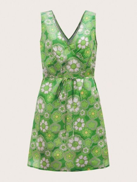 mod floral print double v-neck belted dress z9l1#, Black;gray 
mod floral print double v-neck belted dress z9l1#, Black;gray