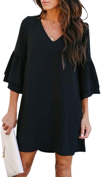 women's dress sweet & cute v-neck bell sleeve shift dress mini dress r6mj#, Black;gray
women's dress sweet & cute v-neck bell sleeve shift dress mini dress r6mj#, Black;gray