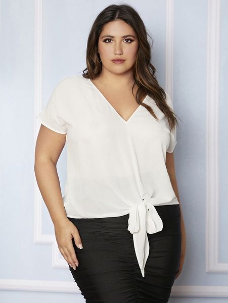 plus v-neck knot hem e1w2#, Black