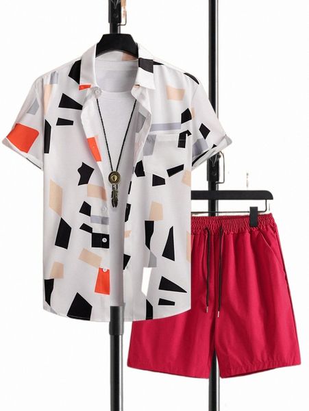 men geo print patched pocket shirt & drawstring waist shorts without tee 331h#, Gray
men geo print patched pocket shirt & drawstring waist shorts without tee 331h#, Gray