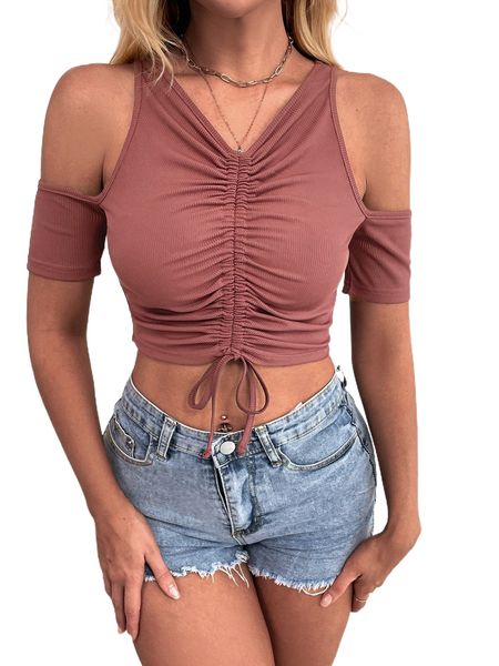 drawstring front cold shoulder crop tee b3ml#, White 
drawstring front cold shoulder crop tee b3ml#, White