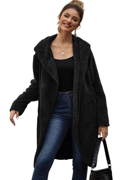 open front pocket hooded teddy coat 42xj#, Black
open front pocket hooded teddy coat 42xj#, Black