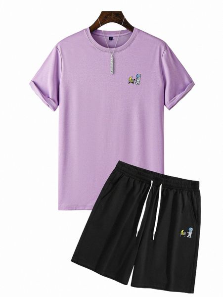 men cartoon graphic tee & drawstring shorts m8uo#, Gray