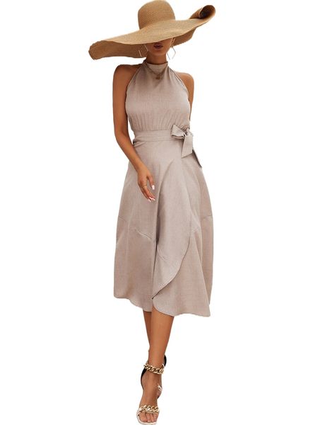 solid keyhole back tie side wrap hem dress 921h#, Black;gray