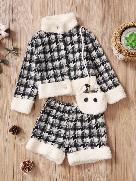 little girl chiffon pattern stitched down tweed jacket and shorts and bag she, White
little girl chiffon pattern stitched down tweed jacket and shorts and bag she, White