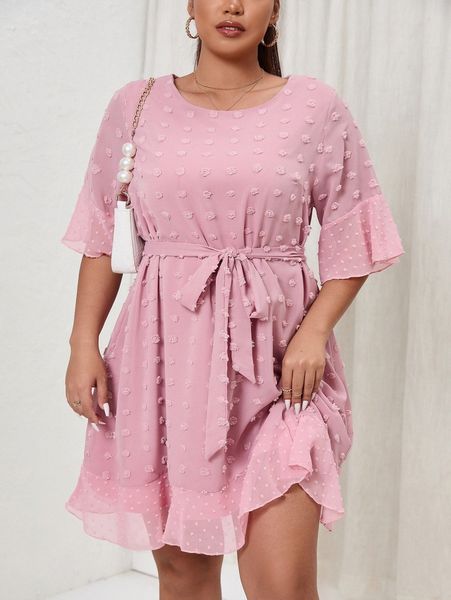 plus swiss dot flounce sleeve ruffle hem belted chiffon dress k10w#, Black