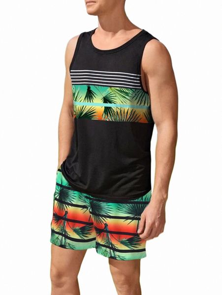 men striped & tropical print tank & drawstring waist shorts b4o2#, Gray
men striped & tropical print tank & drawstring waist shorts b4o2#, Gray