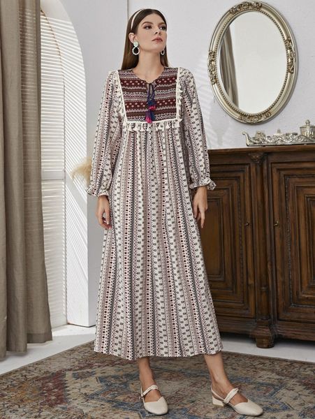 floral & geo print flounce sleeve tassel trim tie neck dress y8r0#, Black;gray
floral & geo print flounce sleeve tassel trim tie neck dress y8r0#, Black;gray