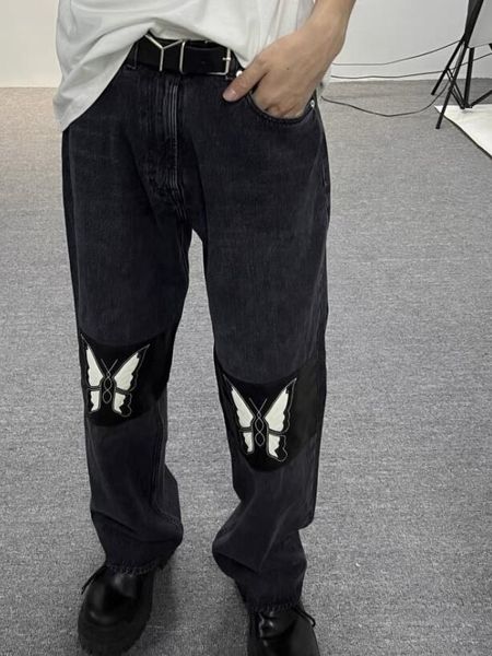men butterfly embroidery ourlega straight jean splicing leather washing 55, Blue
men butterfly embroidery ourlega straight jean splicing leather washing 55, Blue