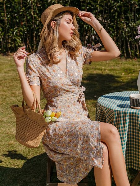 simplee knotted cuff wrap belted floral print dress g9pd#, Black;gray