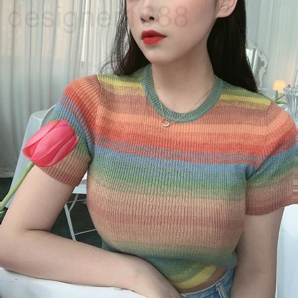 women's knits & tees designer d-house striped sweater women's 2020 summer new slim thin embroidered rainbow age reducing short sle, White
women's knits & tees designer d-house striped sweater women's 2020 summer new slim thin embroidered rainbow age reducing short sle, White